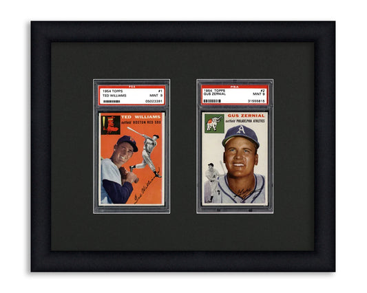 Framed Card Display for standard PSA Graded card slabs in a 2 wide with a black background and black frame