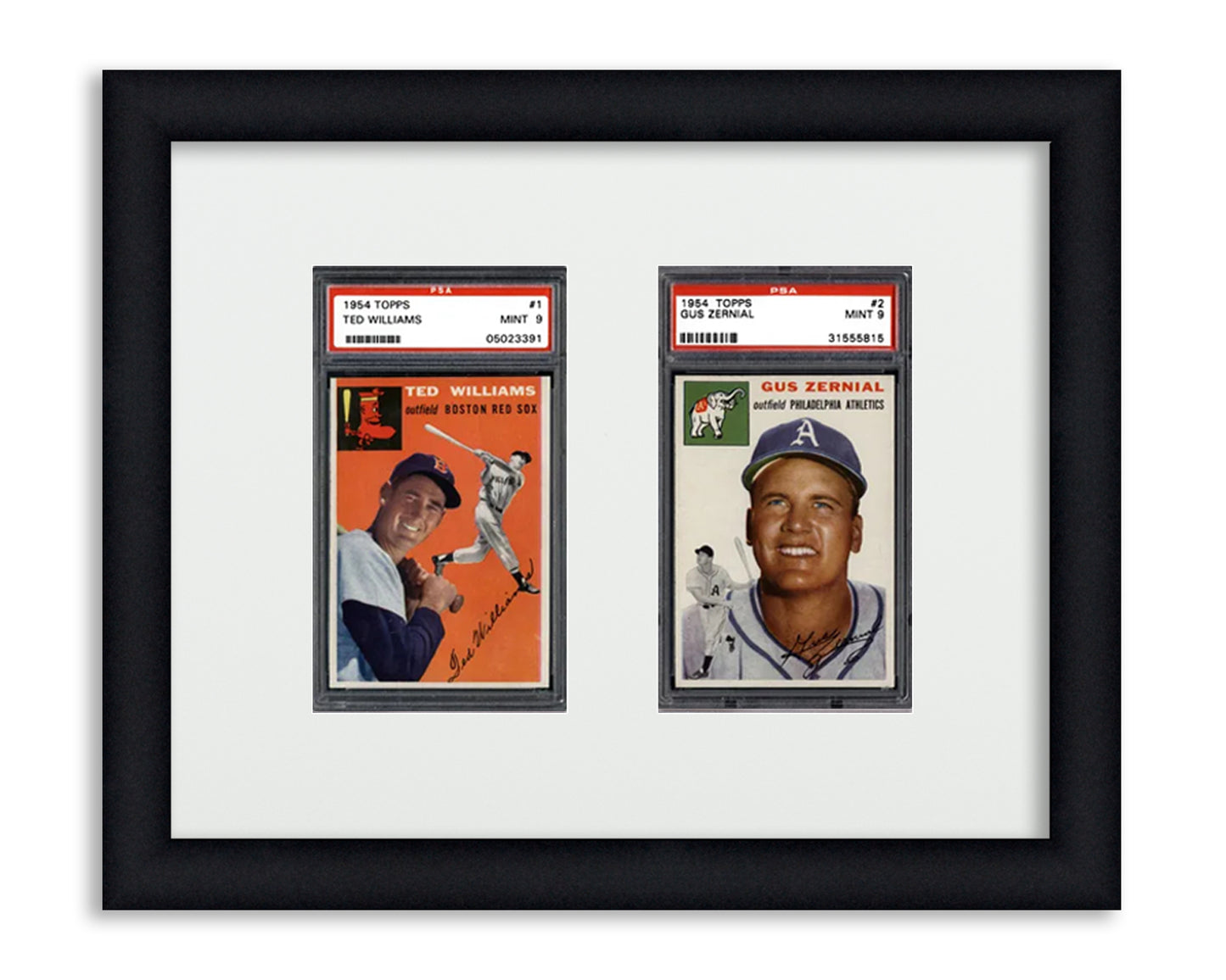 Framed Card Display for standard PSA Graded card slabs in a 2 wide with a white background and black frame