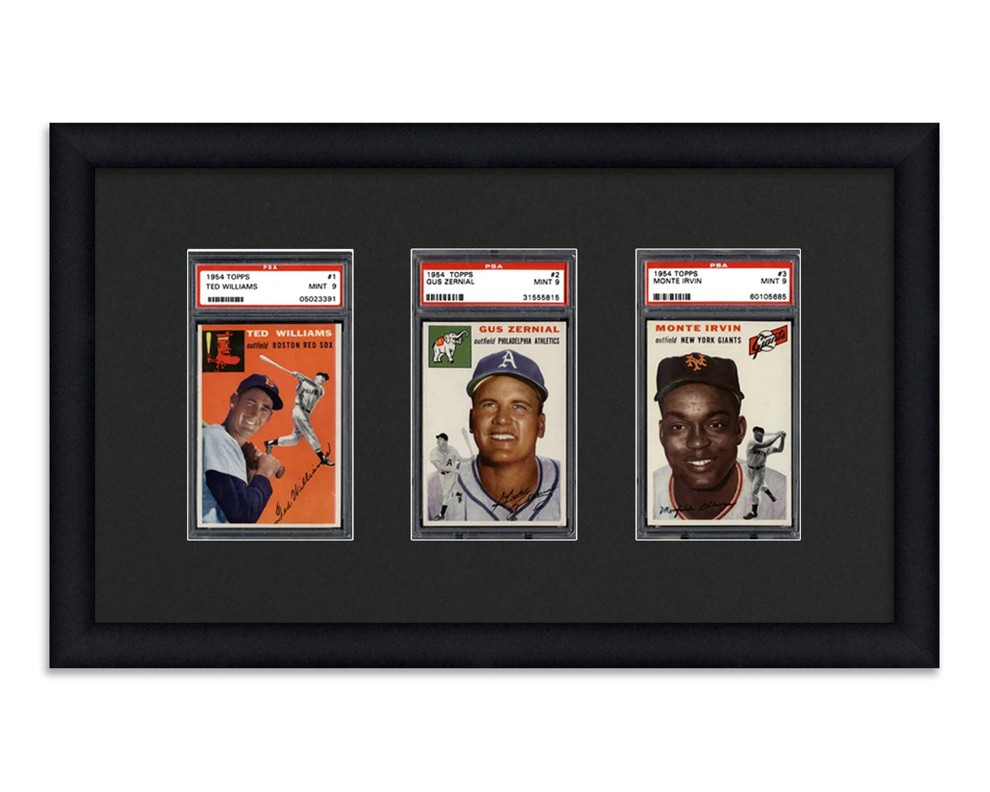 Framed Card Display for standard PSA Graded card slabs in a 3 wide layout with a black background and black frame