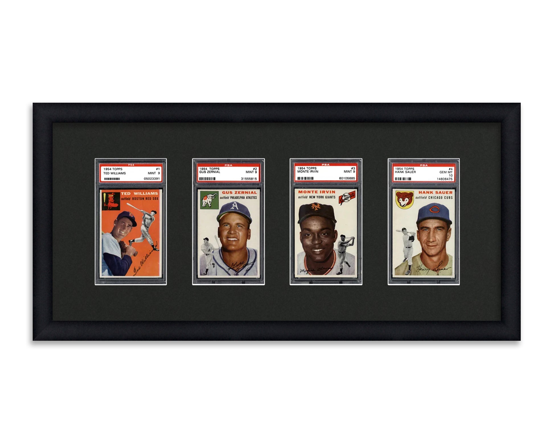 Framed Card Display for standard PSA Graded card slabs in a 4 wide layout with a black background and black frame