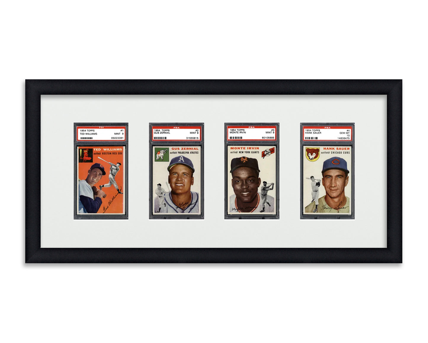 Framed Card Display for standard PSA Graded card slabs in a 4 wide layout with a white background and black frame