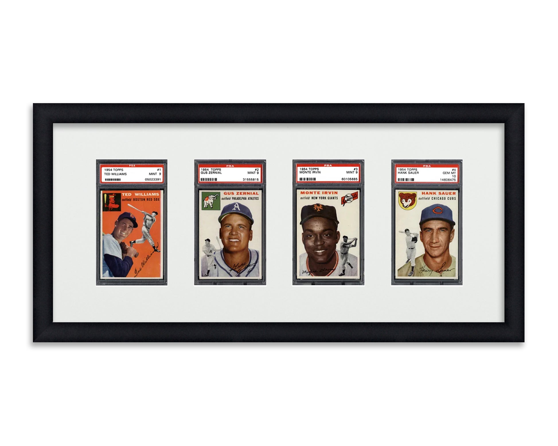 Framed Card Display for standard PSA Graded card slabs in a 4 wide layout with a white background and black frame