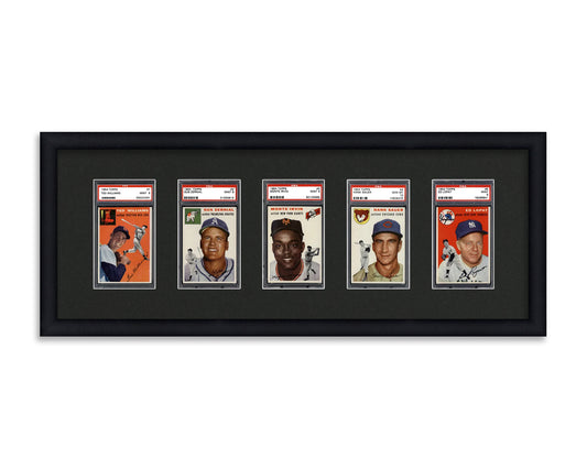 Framed Card Display for standard PSA Graded card slabs in a 5 wide layout with a black background and black frame