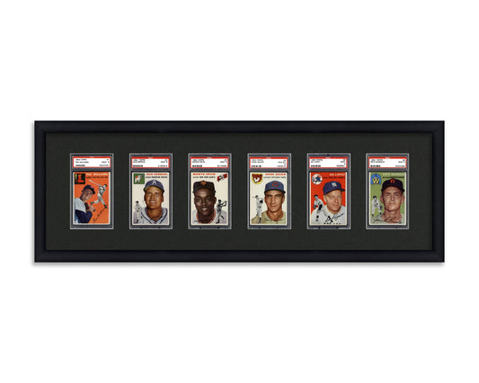 Framed Card Display for standard PSA Graded card slabs in a 6 wide layout with a black background and black frame