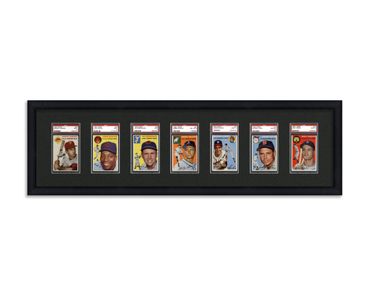 Framed Card Display for standard PSA Graded card slabs in a 7 wide layout with a black background and black frame