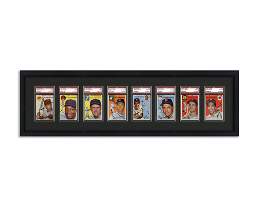 Framed Card Display for standard PSA Graded card slabs in a 8 wide layout with a black background and black frame