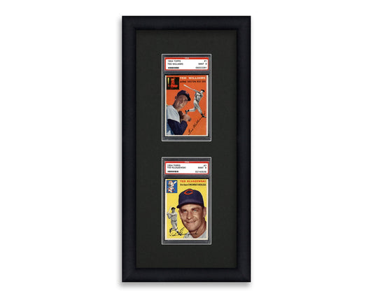 Framed Card Display for standard PSA Graded card slabs in a 2 up with a black background and black frame