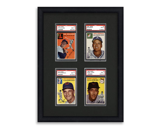 Framed Card Display for standard PSA Graded card slabs in a 2x2 layout with a black background and black frame