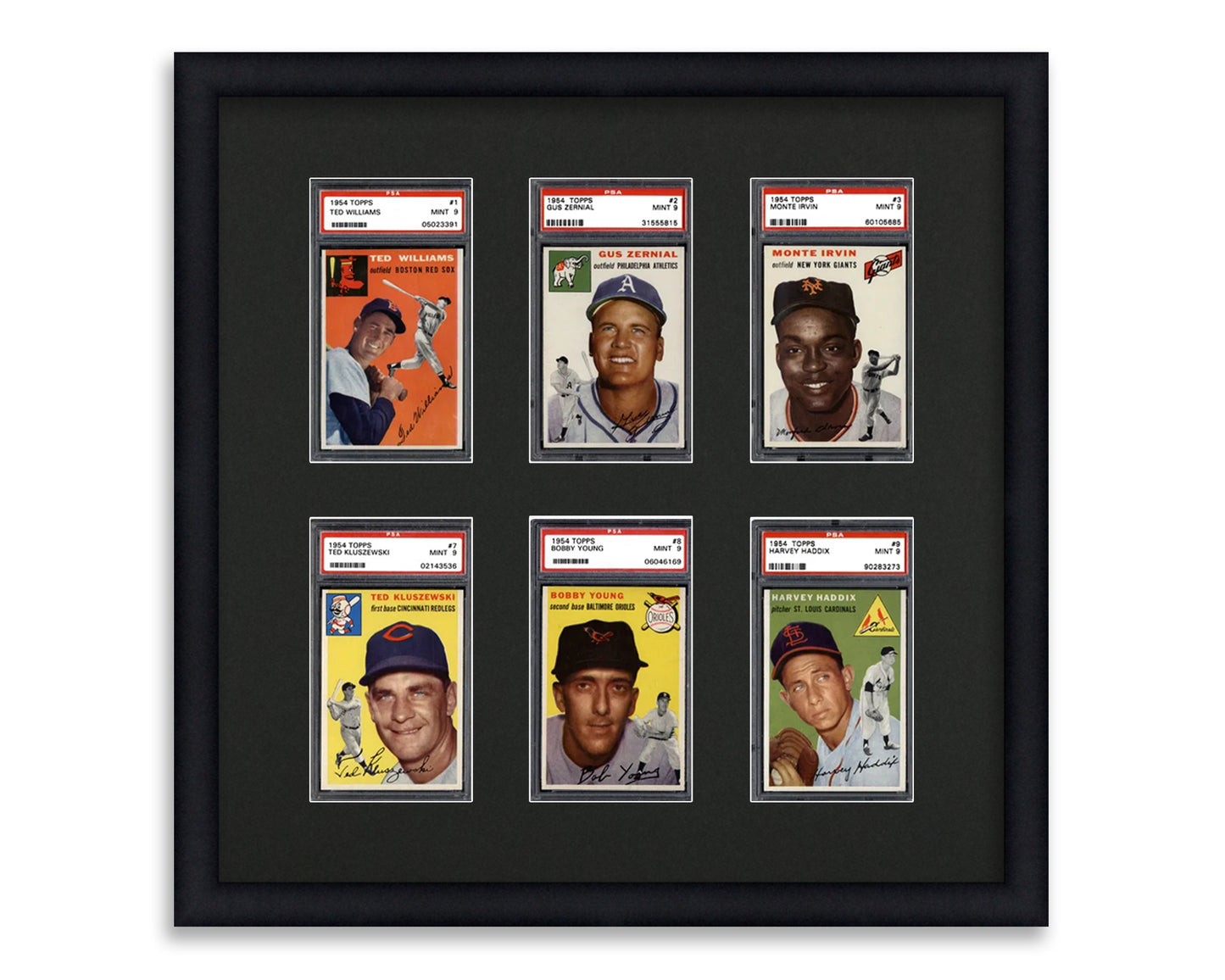 Framed Card Display for standard PSA Graded card slabs in a 2x3 layout with a black background and black frame