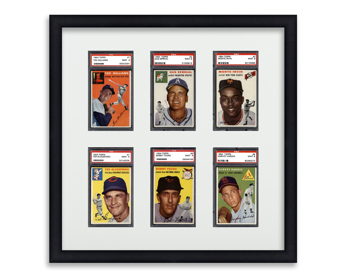 Framed Card Display for standard PSA Graded card slabs in a 2x3 layout with a white background and black frame