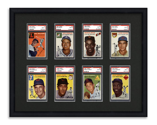 Framed Card Display for standard PSA Graded card slabs in a 2x4 layout with a black background and black frame