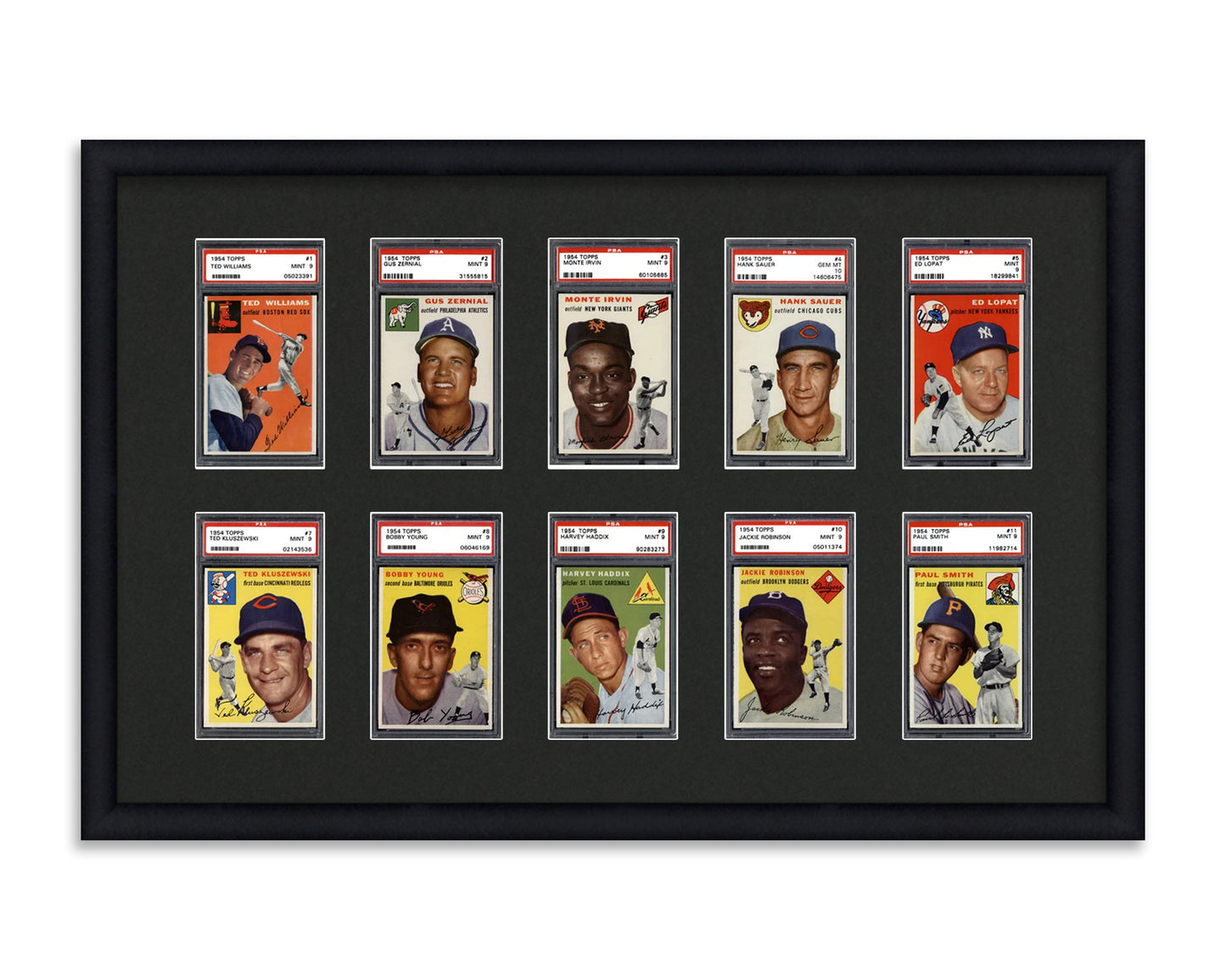 Framed Card Display for standard PSA Graded card slabs in a 2x5 layout with a black background and black frame