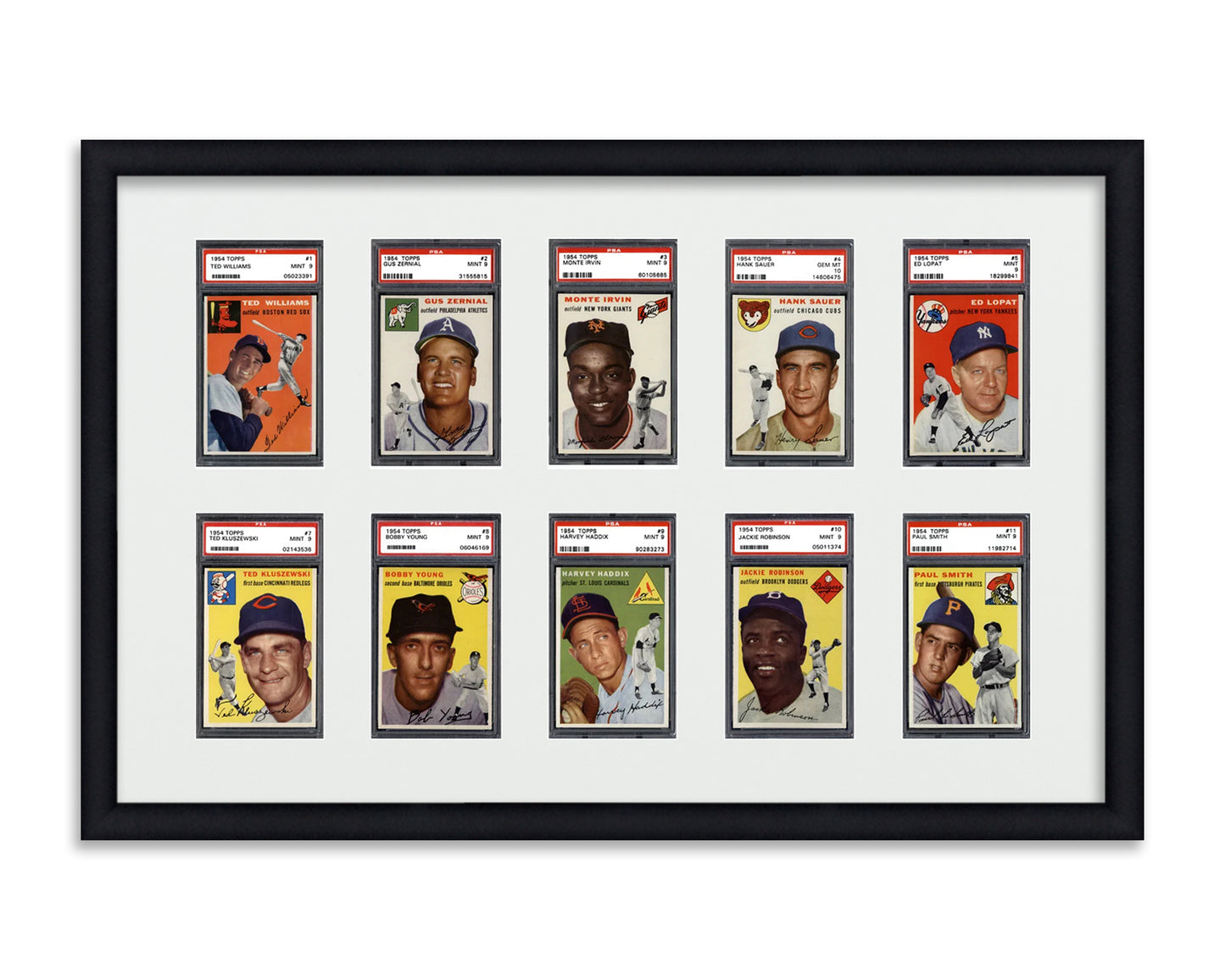 Framed Card Display for standard PSA Graded card slabs in a 2x5 layout with a white background and black frame