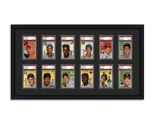 Framed Card Display for standard PSA Graded card slabs in a 2x6 layout with a black background and black frame