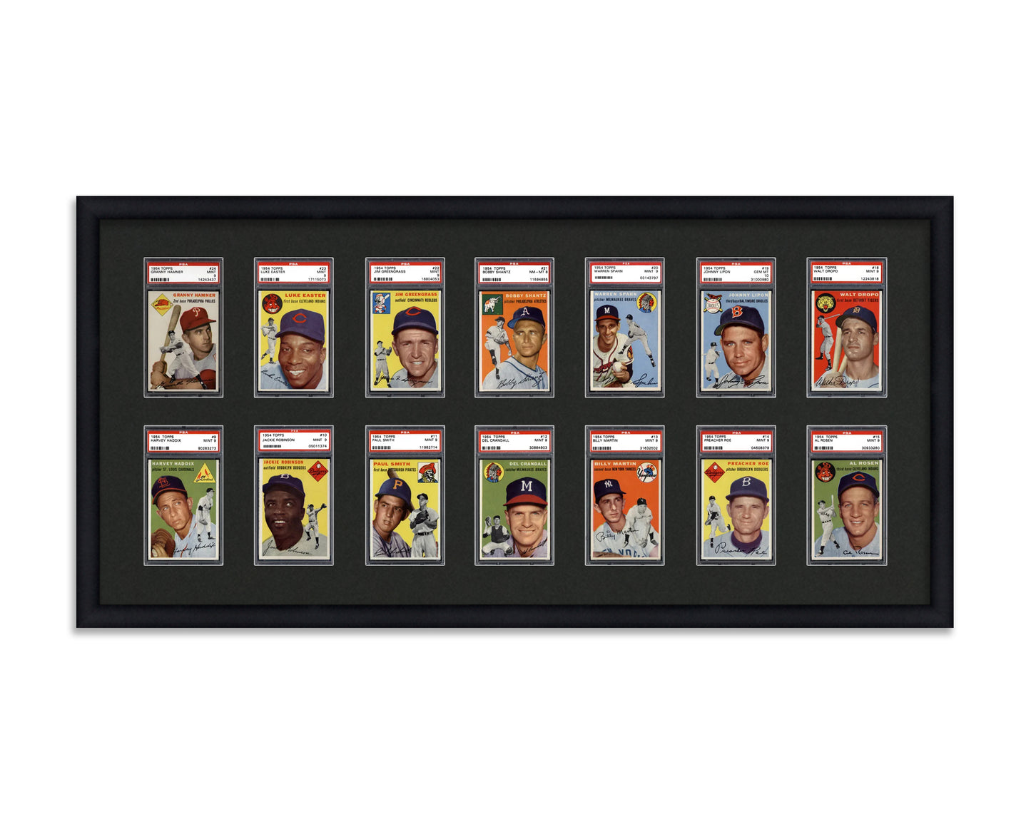 Framed Card Display for standard PSA Graded card slabs in a 2x7 layout with a black background and black frame