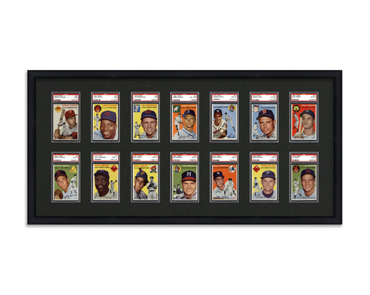 Framed Card Display for standard PSA Graded card slabs in a 2x7 layout with a black background and black frame