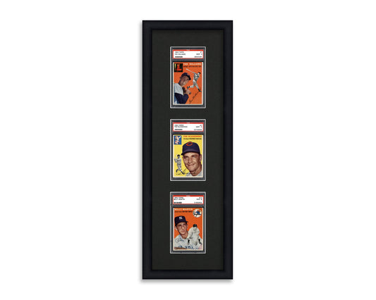 Framed Card Display for standard PSA Graded card slabs in a 3 up layout with a black background and black frame