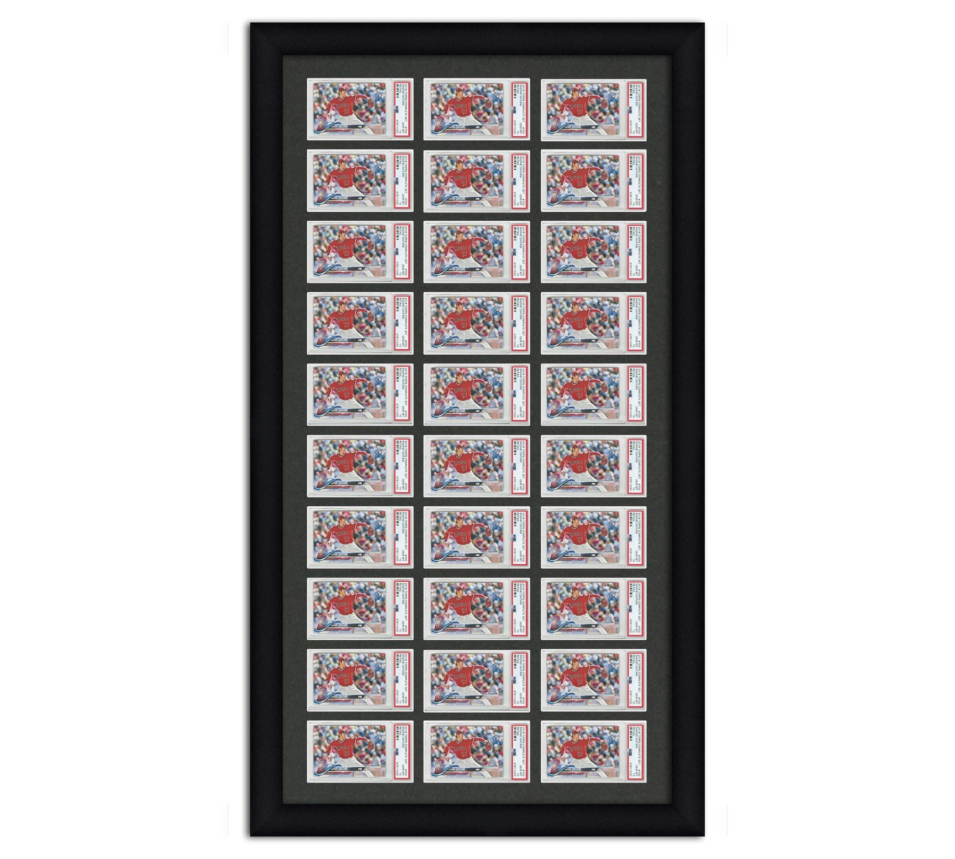 Framed Card Display for horizontal PSA graded card slabs in a 3x10 layout with a black background and black frame