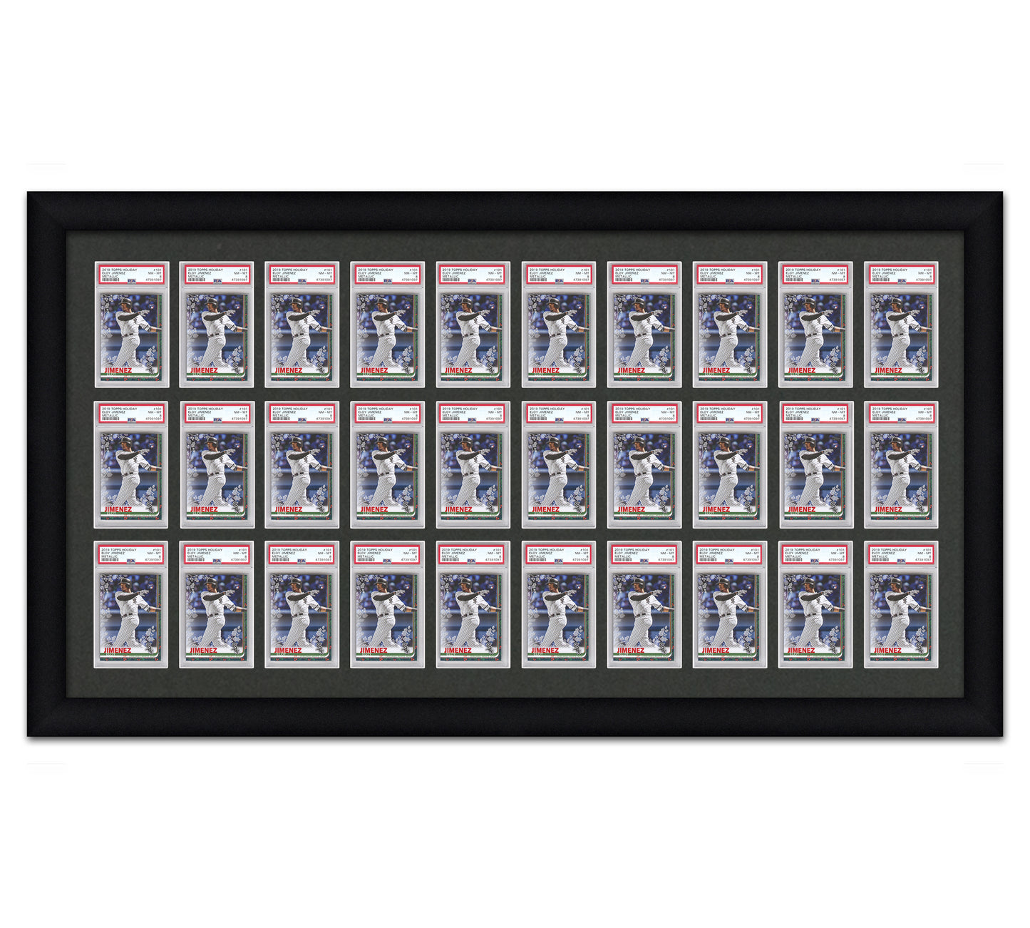 Framed Card Display for PSA graded card slabs in a 3x10 layout with a black background and black frame