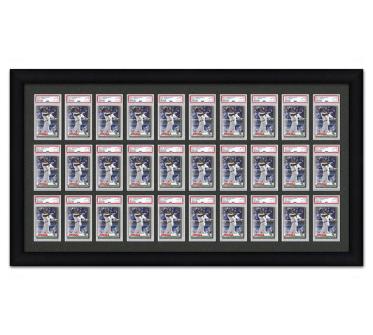 Framed Card Display for PSA graded card slabs in a 3x10 layout with a black background and black frame