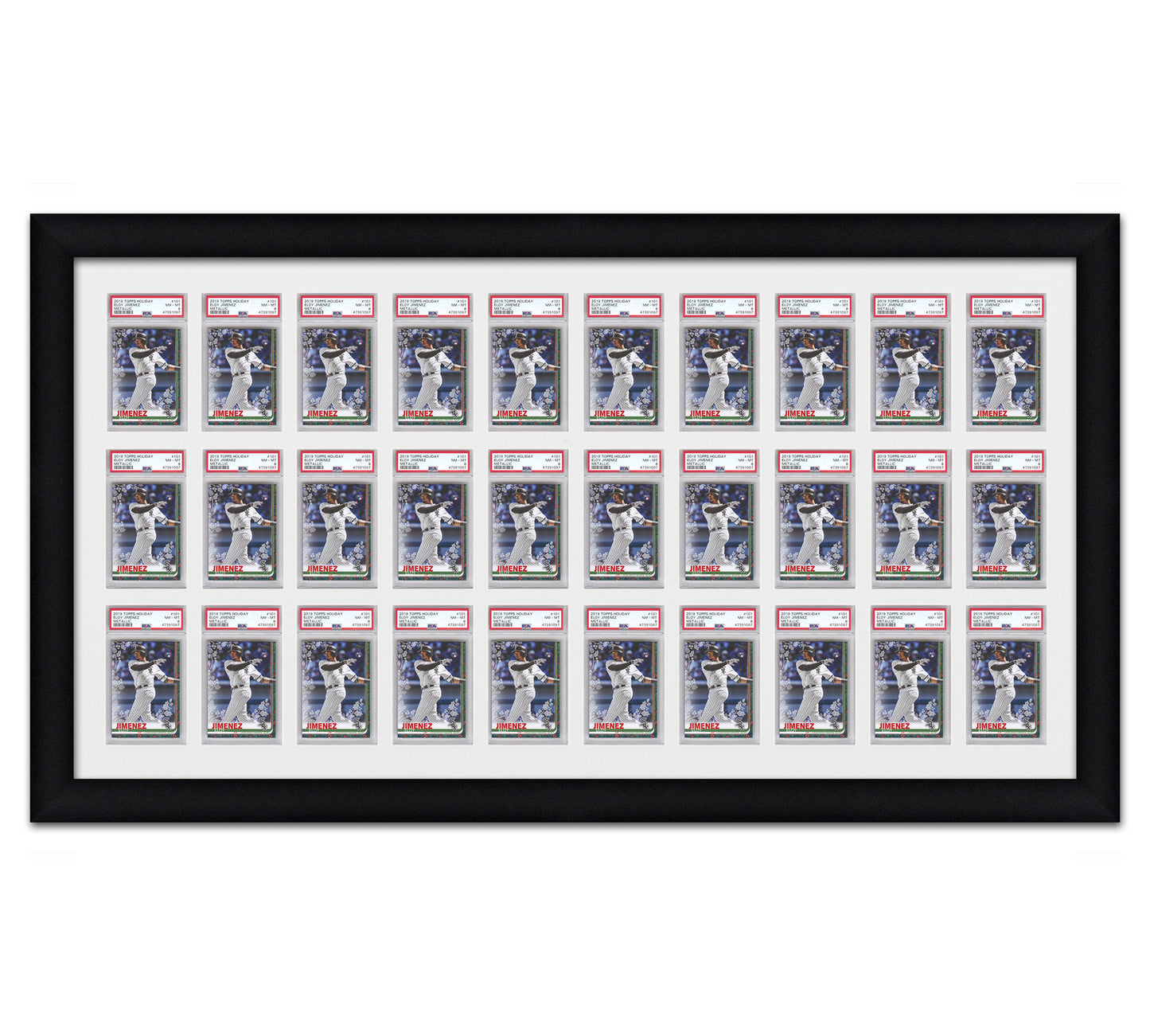 Framed Card Display for PSA graded card slabs in a 3x10 layout with a white background and black frame