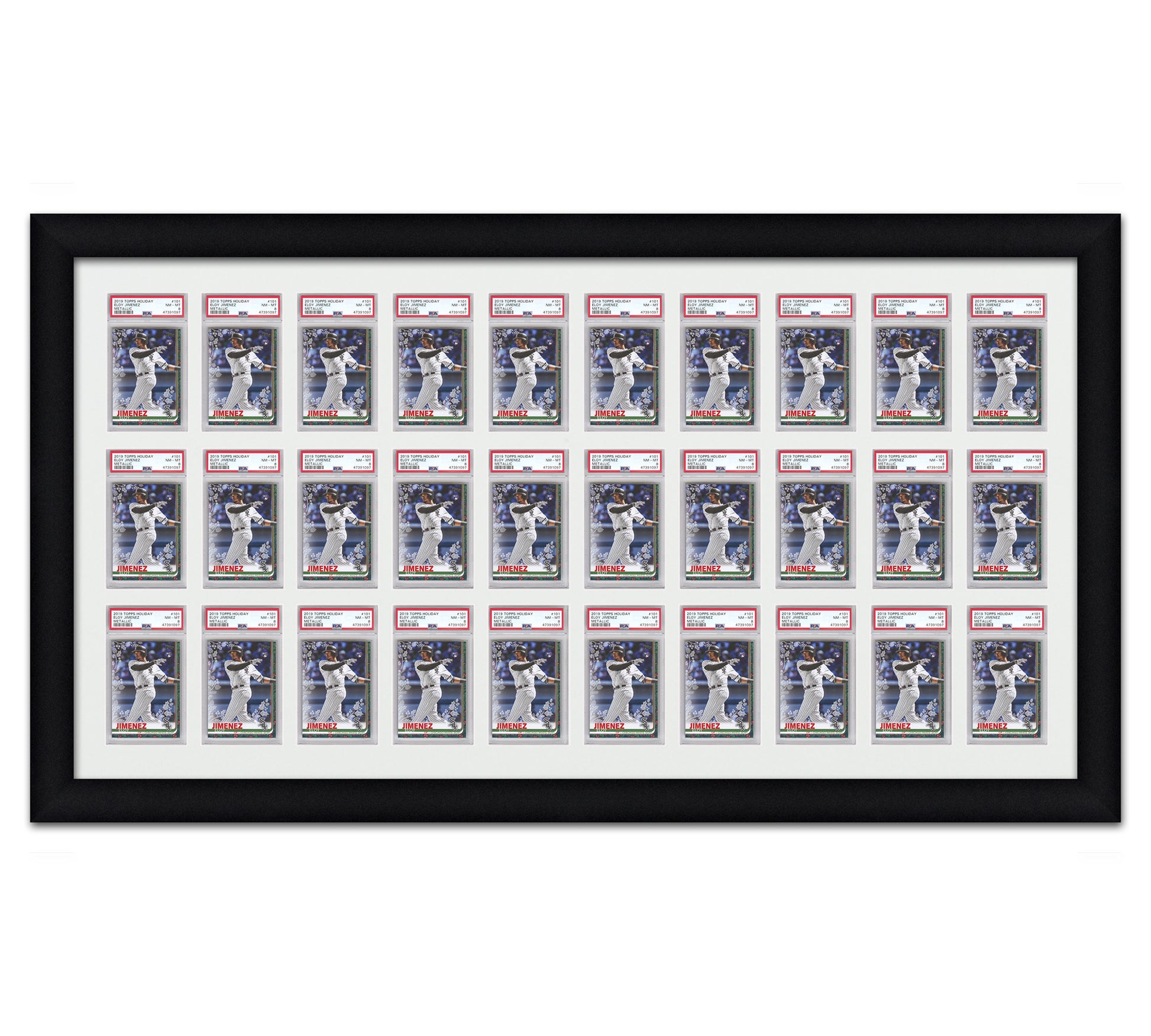 Framed Card Display for PSA graded card slabs in a 3x10 layout with a white background and black frame