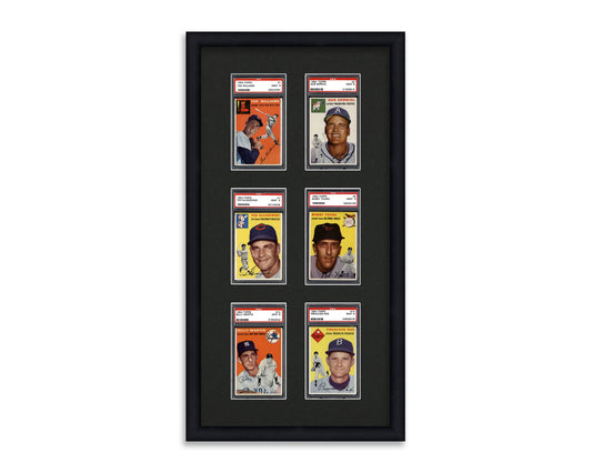 Framed Card Display for standard PSA Graded card slabs in a 3x2 layout with a black background and black frame