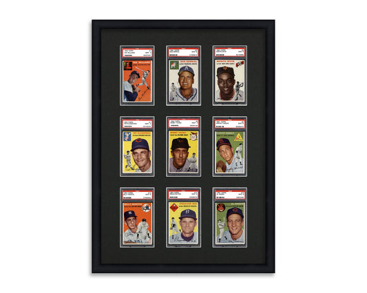 Framed Card Display for standard PSA Graded card slabs in a 3x3 layout with a black background and black frame