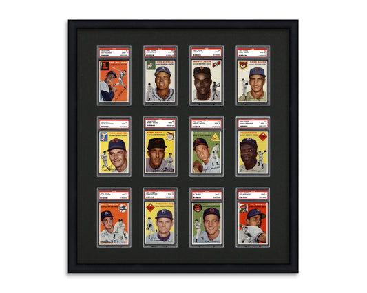 Framed Card Display for standard PSA Graded card slabs in a 3x4 layout with a black background and black frame