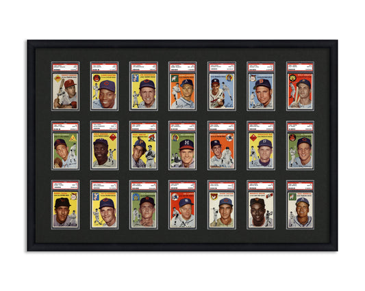 Framed Card Display for standard PSA Graded card slabs in a 3x7 layout with a black background and black frame