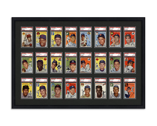 Framed Card Display for standard PSA Graded card slabs in a 3x8 layout with a black background and black frame