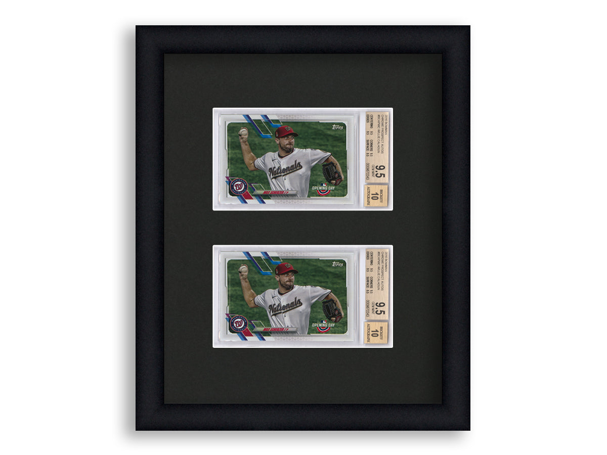 BGS Framed Card Display holds 2 horizontal BGS graded slabs in a 2 up layout with a black background and black frame