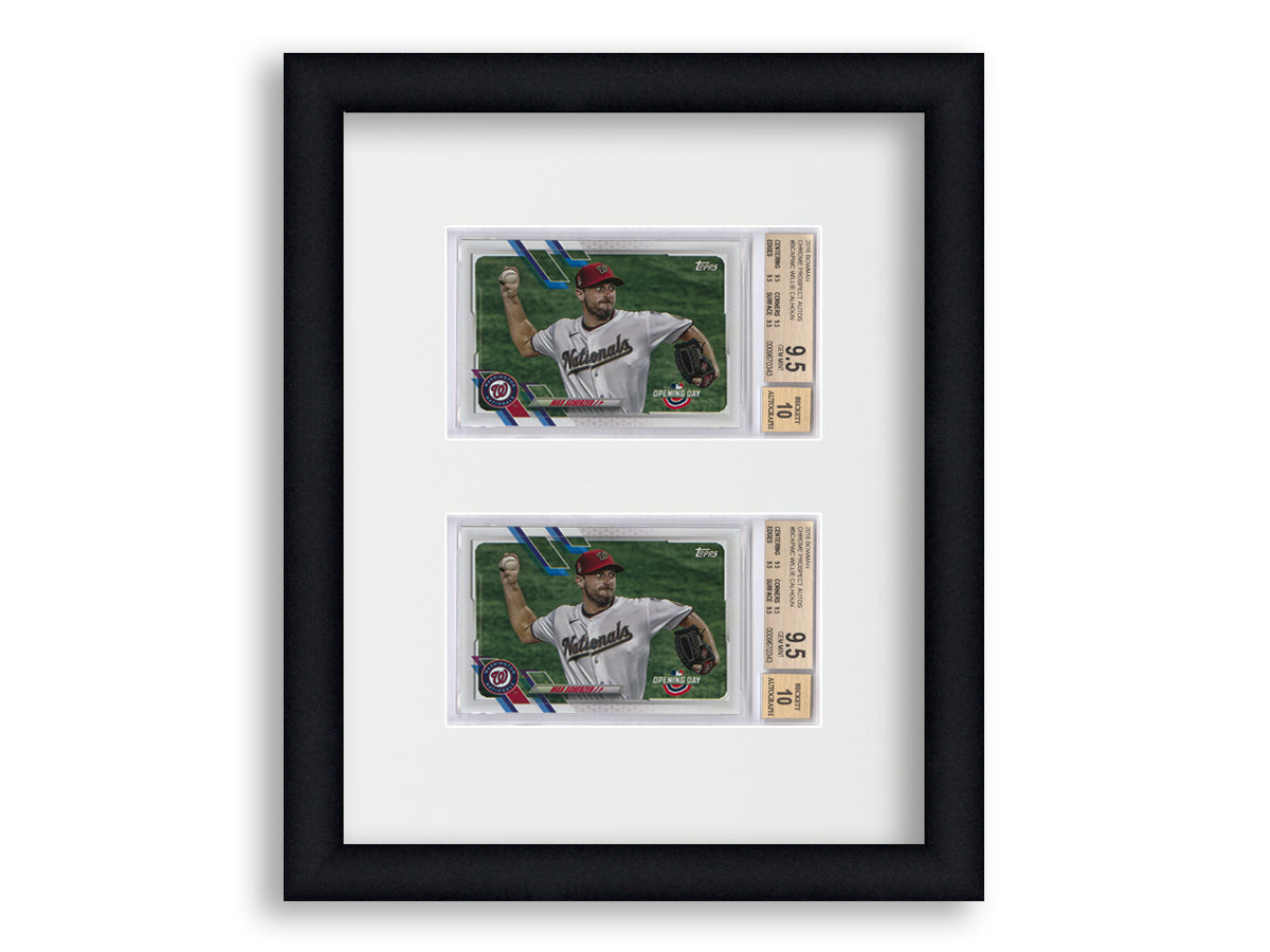 BGS Framed Card Display holds 2 horizontal BGS graded slabs in a 2 up layout with a white background and black frame