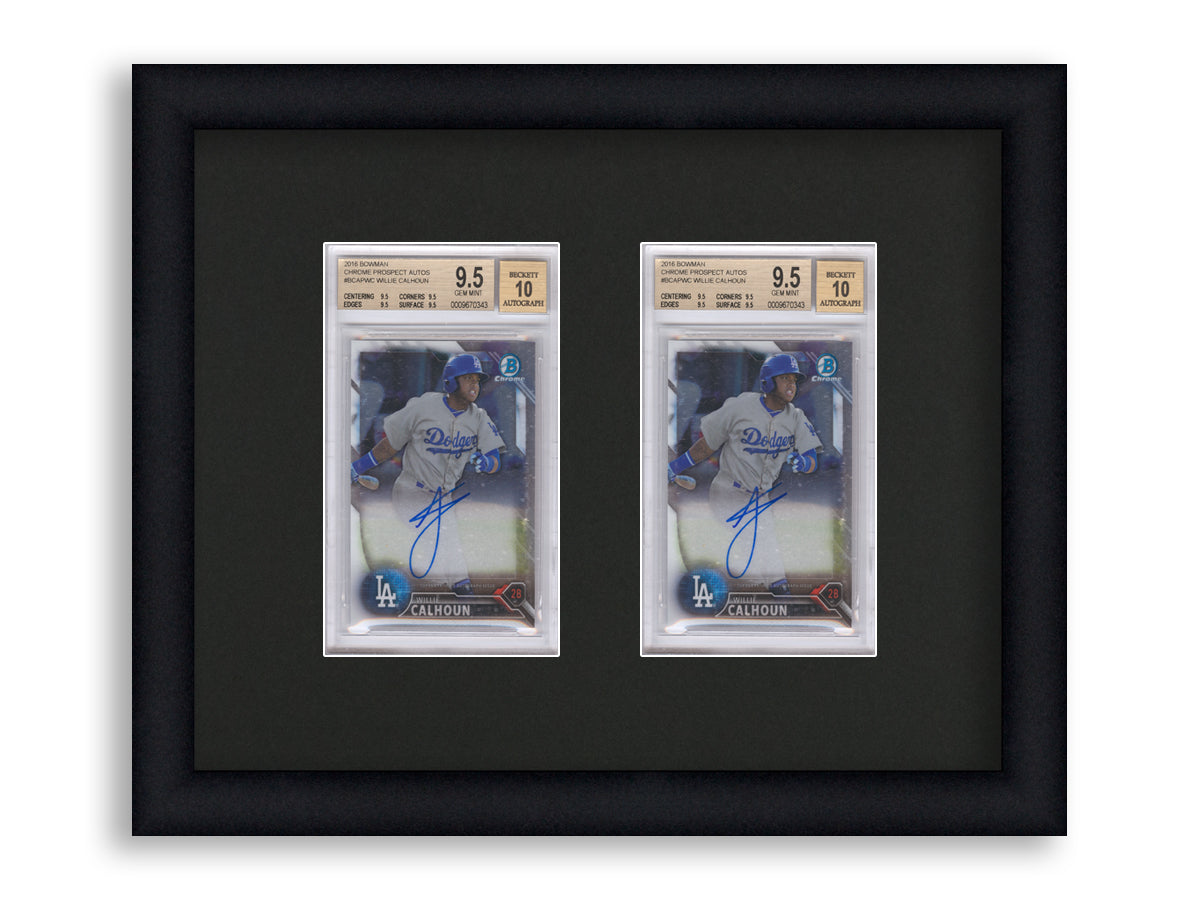 BGS Framed Card Display holds 2 BGS graded slabs in a 2 wide layout with a black background and black frame