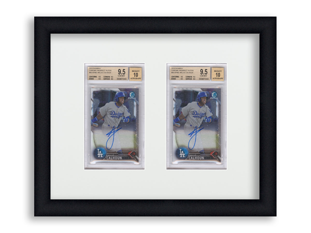 BGS Framed Card Display holds 2 BGS graded slabs in a 2 wide layout with a white background and black frame