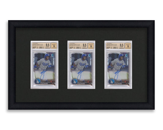 BGS Framed Card Display holds 3 BGS graded slabs in a 3 wide layout with a black background and black frame