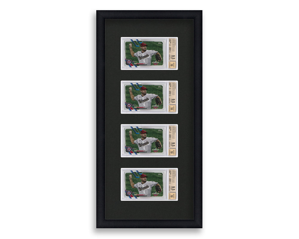 BGS Framed Card Display holds 4 horizontal BGS graded slabs in a 4 up layout with a black background and black frame