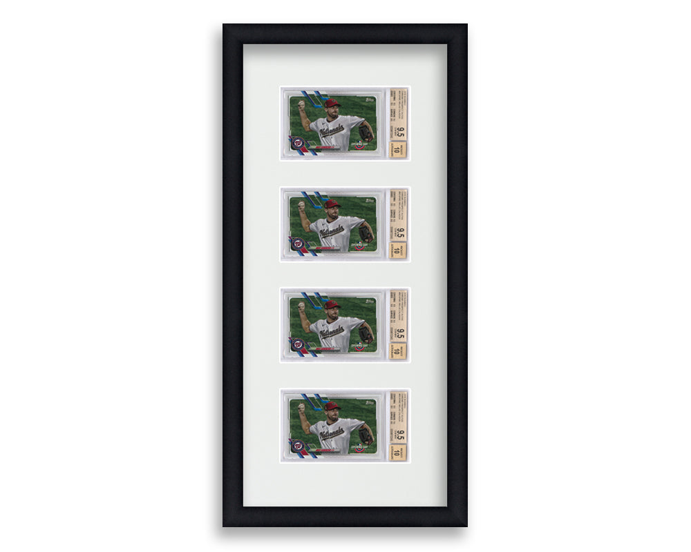 BGS Framed Card Display holds 4 horizontal BGS graded slabs in a 4 up layout with a white background and black frame