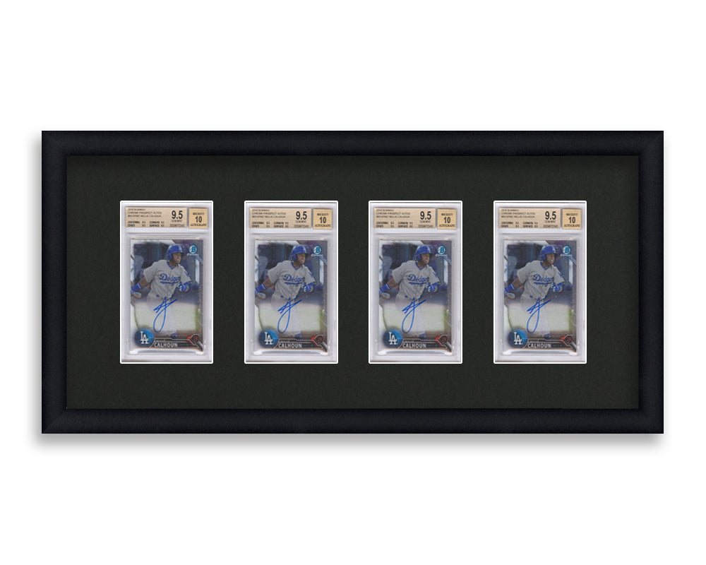 BGS Framed Card Display holds 4 BGS graded slabs in a 4 wide layout with a black background and black frame