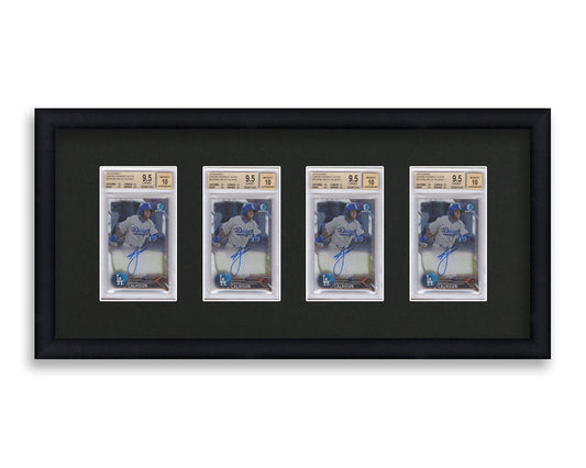 BGS Framed Card Display holds 4 BGS graded slabs in a 4 wide layout with a black background and black frame