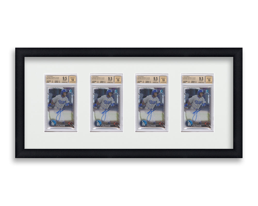 BGS Framed Card Display holds 4 BGS graded slabs in a 4 wide layout with a white background and black frame