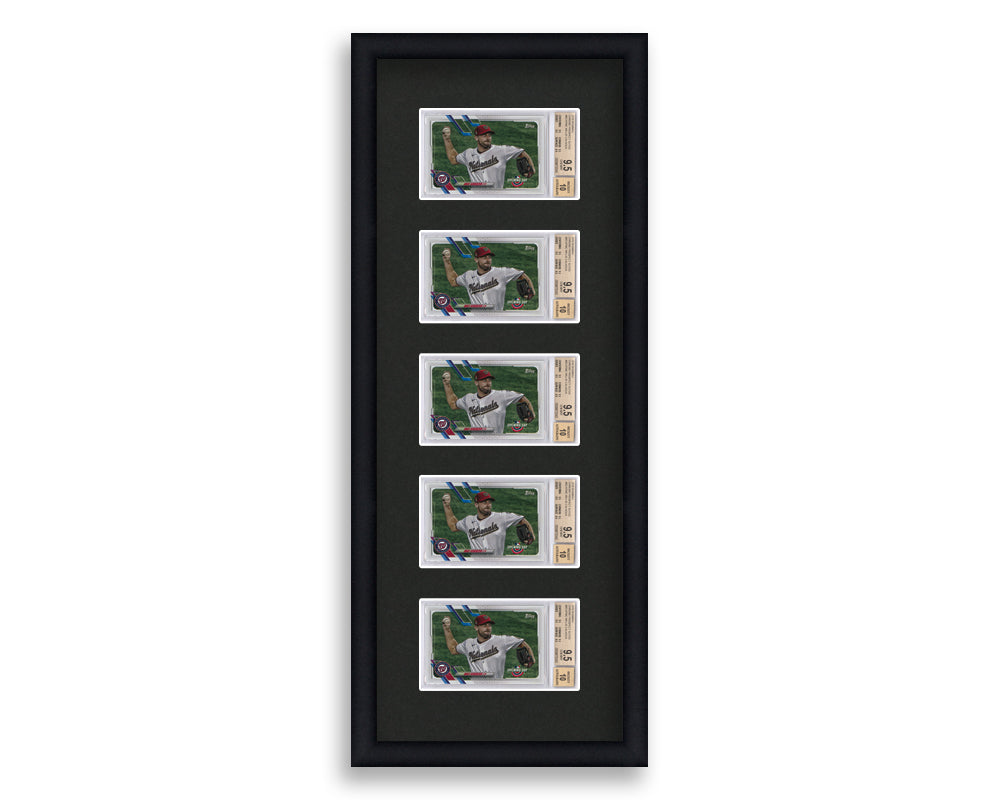 BGS Framed Card Display holds 5 horizontal BGS graded slabs in a 5 up layout with a black background and black frame