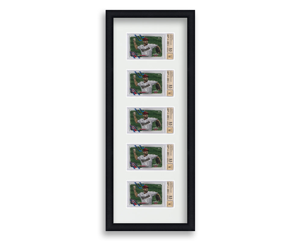 BGS Framed Card Display holds 5 horizontal BGS graded slabs in a 5 up layout with a white background and black frame