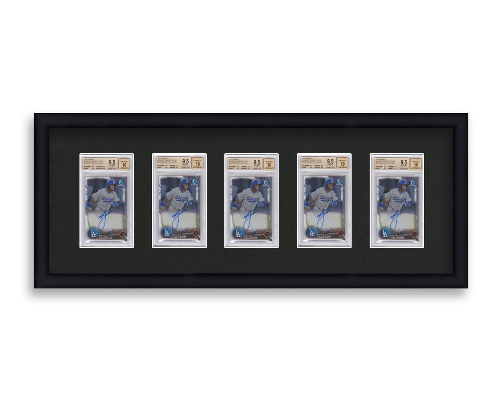 BGS Framed Card Display holds 5 BGS graded slabs in a 5 wide layout with a black background and black frame