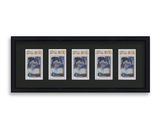 BGS Framed Card Display holds 5 BGS graded slabs in a 5 wide layout with a black background and black frame