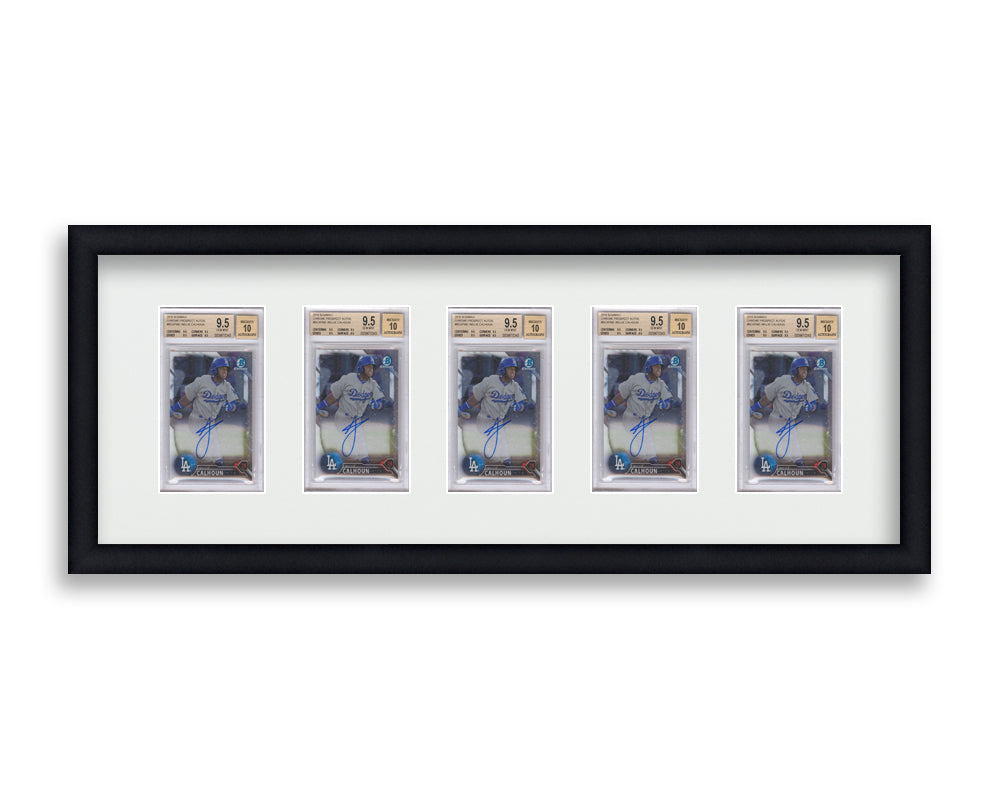 BGS Framed Card Display holds 5 BGS graded slabs in a 5 wide layout with a white background and black frame