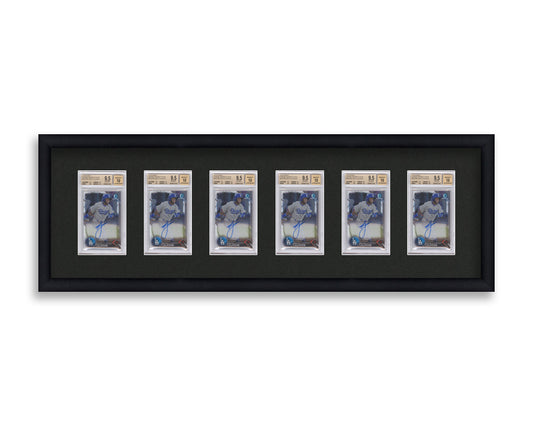 BGS Framed Card Display holds 6 BGS graded slabs in a 6 wide layout with a black background and black frame