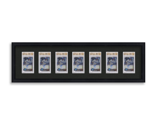 BGS Framed Card Display holds 7 BGS graded slabs in a 7 wide layout with a black background and black frame