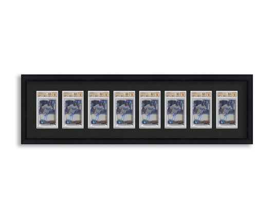 BGS Framed Card Display holds 8 BGS graded slabs in a 8 wide layout with a black background and black frame