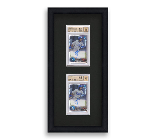 BGS Framed Card Display holds 2 BGS graded slabs in a 2 up layout with a black background and black frame